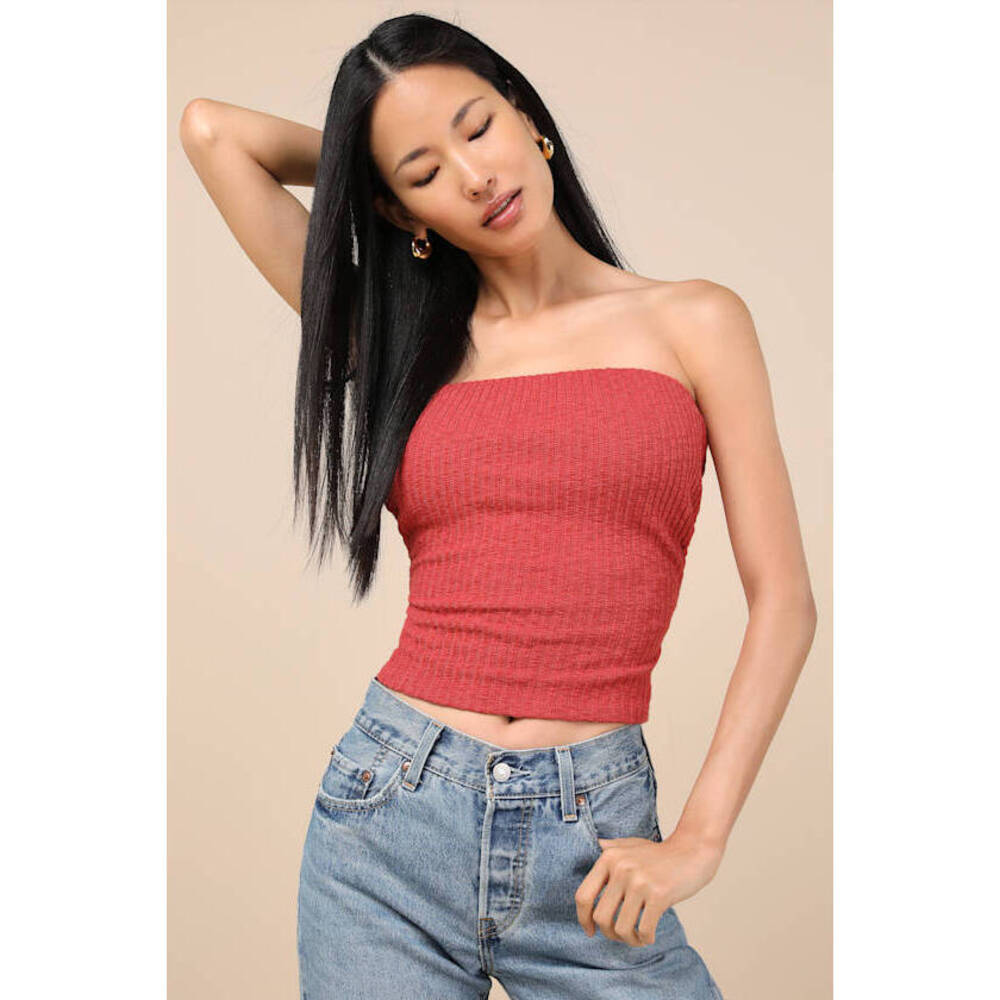 Lulus Lautaro Rust Ribbed Strapless Crop Top Red - Size S